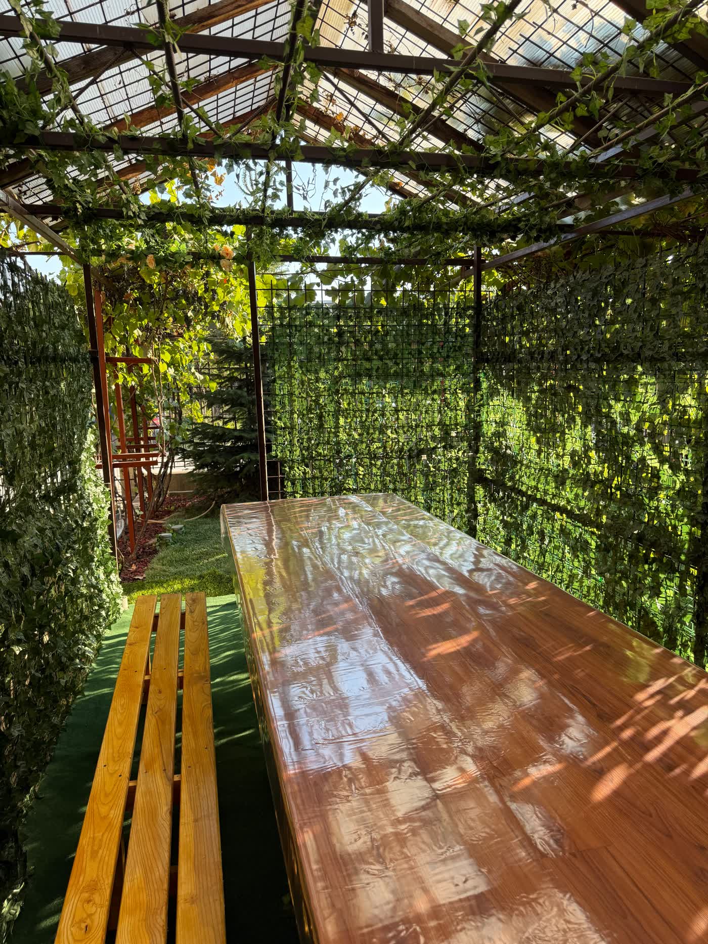Masa lungă de lemn sub pergola acoperită